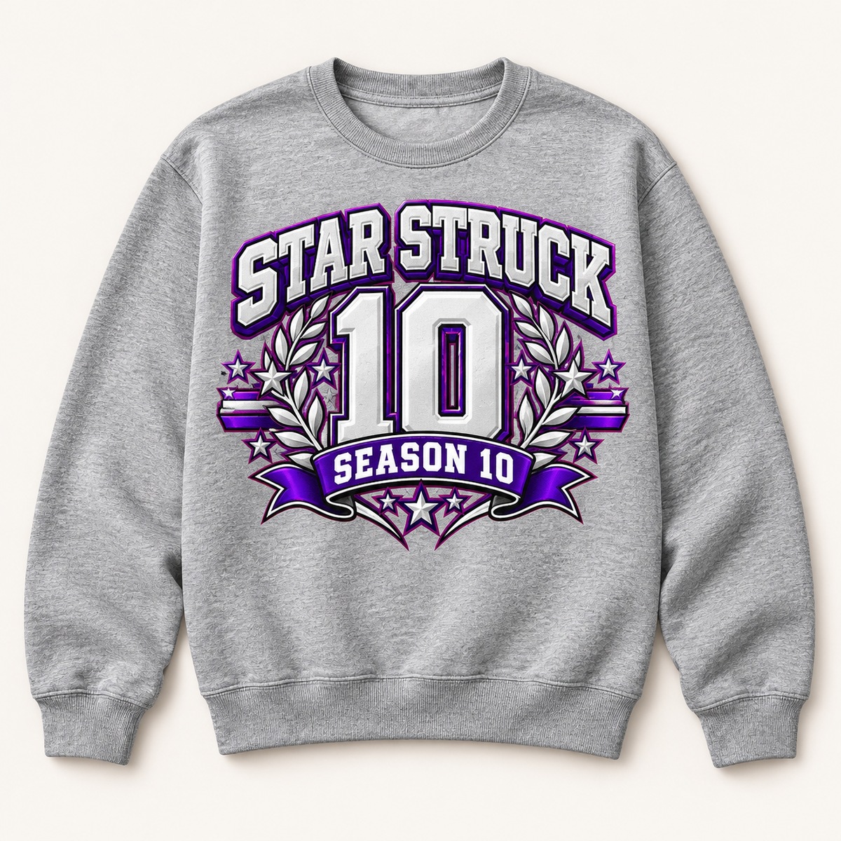 #12 Star Struck | Season 10 Collegiate - Silver Purple on a heather gray crewneck sweatshirt