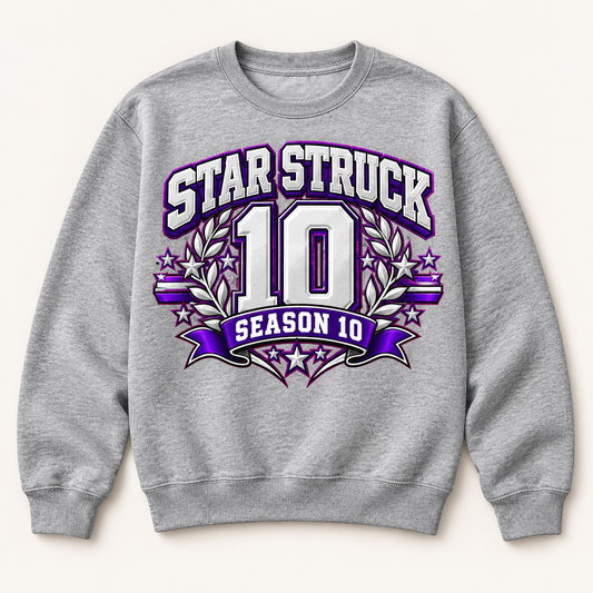 #12 Star Struck | Season 10 Collegiate - Silver Purple on a heather gray crewneck sweatshirt