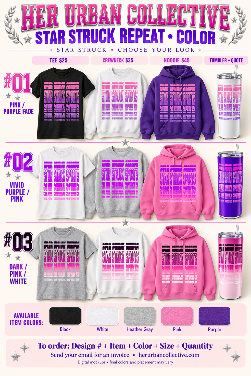 Design #03 shown with garment and tumbler options on numbered color board