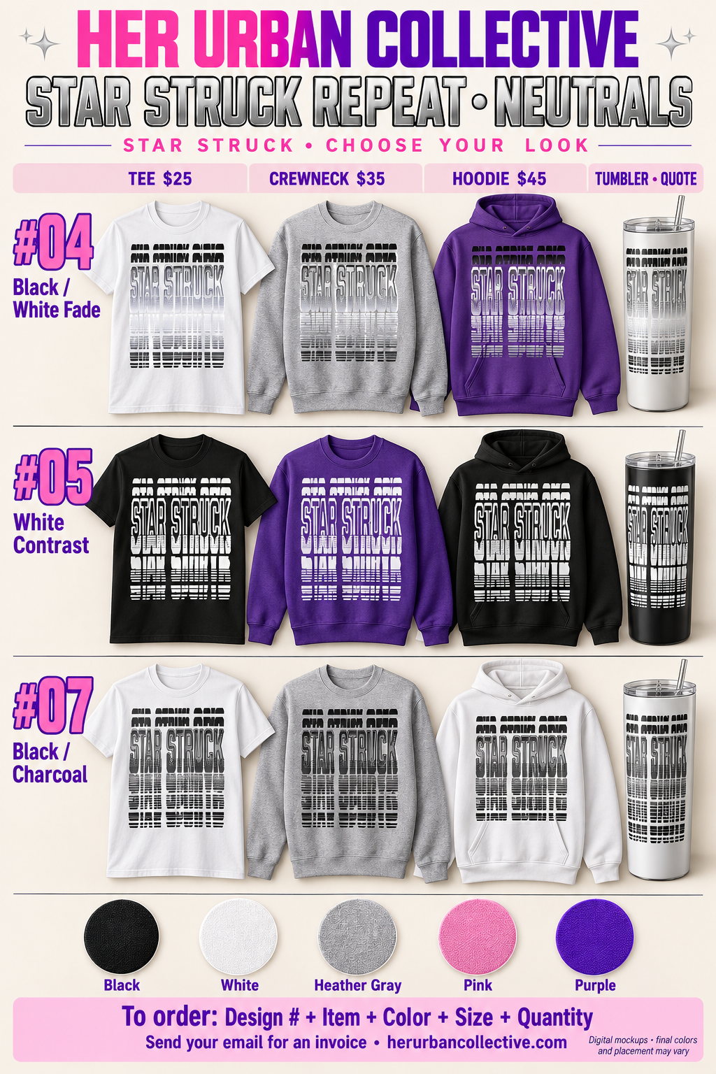 Design #04 shown with garment and tumbler options on numbered neutral board
