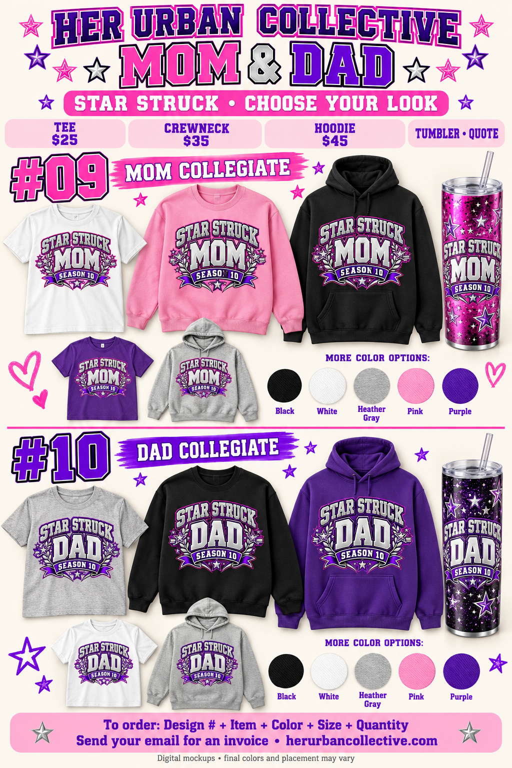 Design #10 shown with garment and tumbler options on numbered parents board