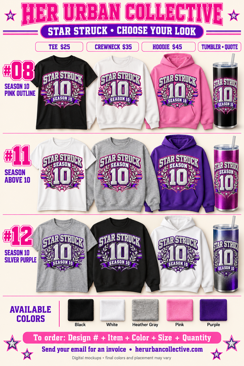 Design #12 shown with garment and tumbler options on numbered season board