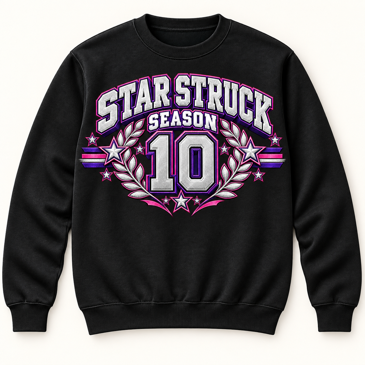 Black crewneck with centered Star Struck Season above 10 Pink Purple design; digital mockup, printed metallic effect
