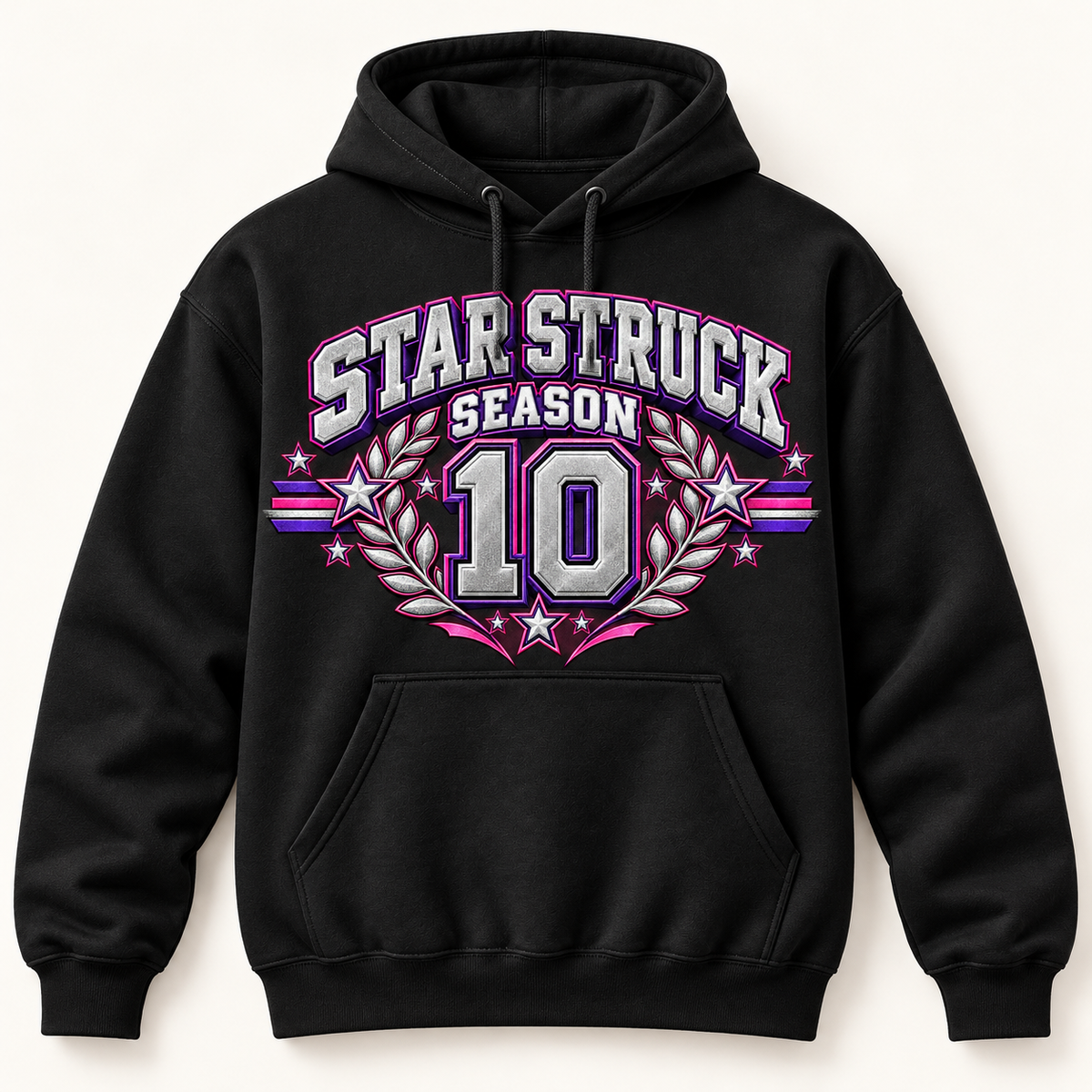 Black hoodie with centered Star Struck Season above 10 Pink Purple design; digital mockup, printed metallic effect