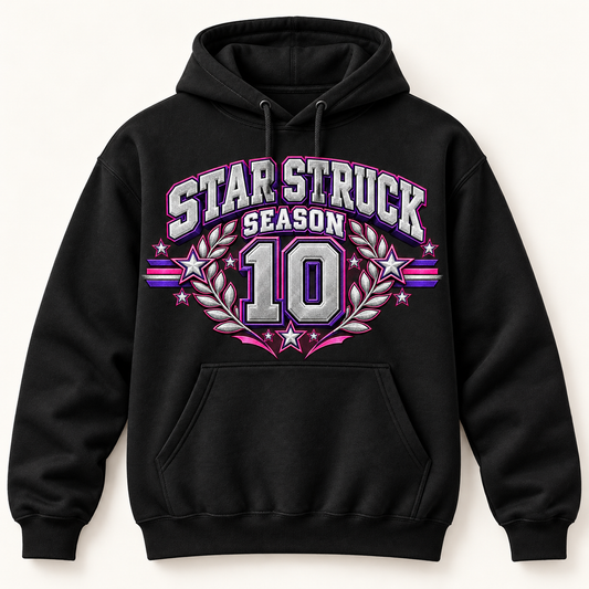 Black hoodie with centered Star Struck Season above 10 Pink Purple design; digital mockup, printed metallic effect