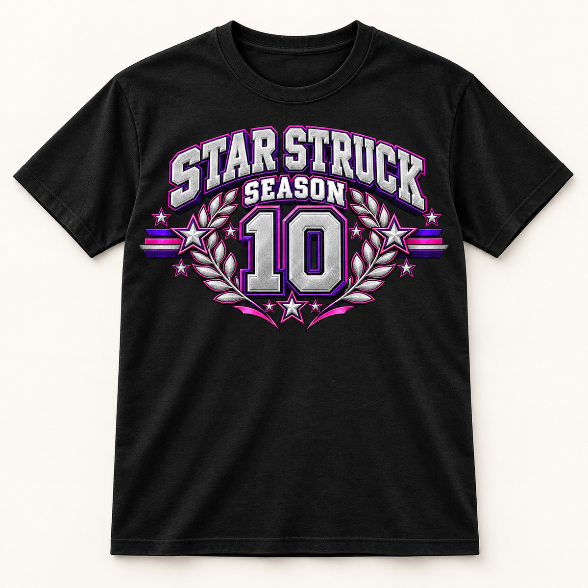Black tee with centered Star Struck Season above 10 Pink Purple design; digital mockup, printed metallic effect