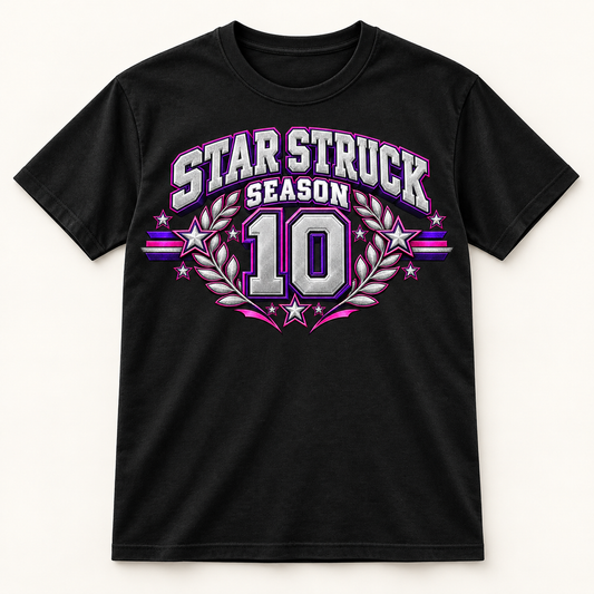 Black tee with centered Star Struck Season above 10 Pink Purple design; digital mockup, printed metallic effect