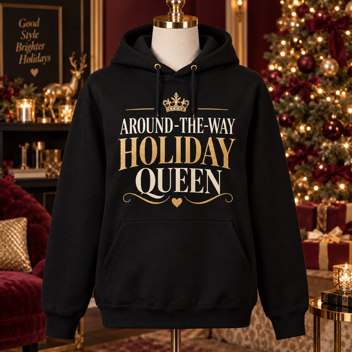 Around-the-Way Holiday Queen hoodie mockup