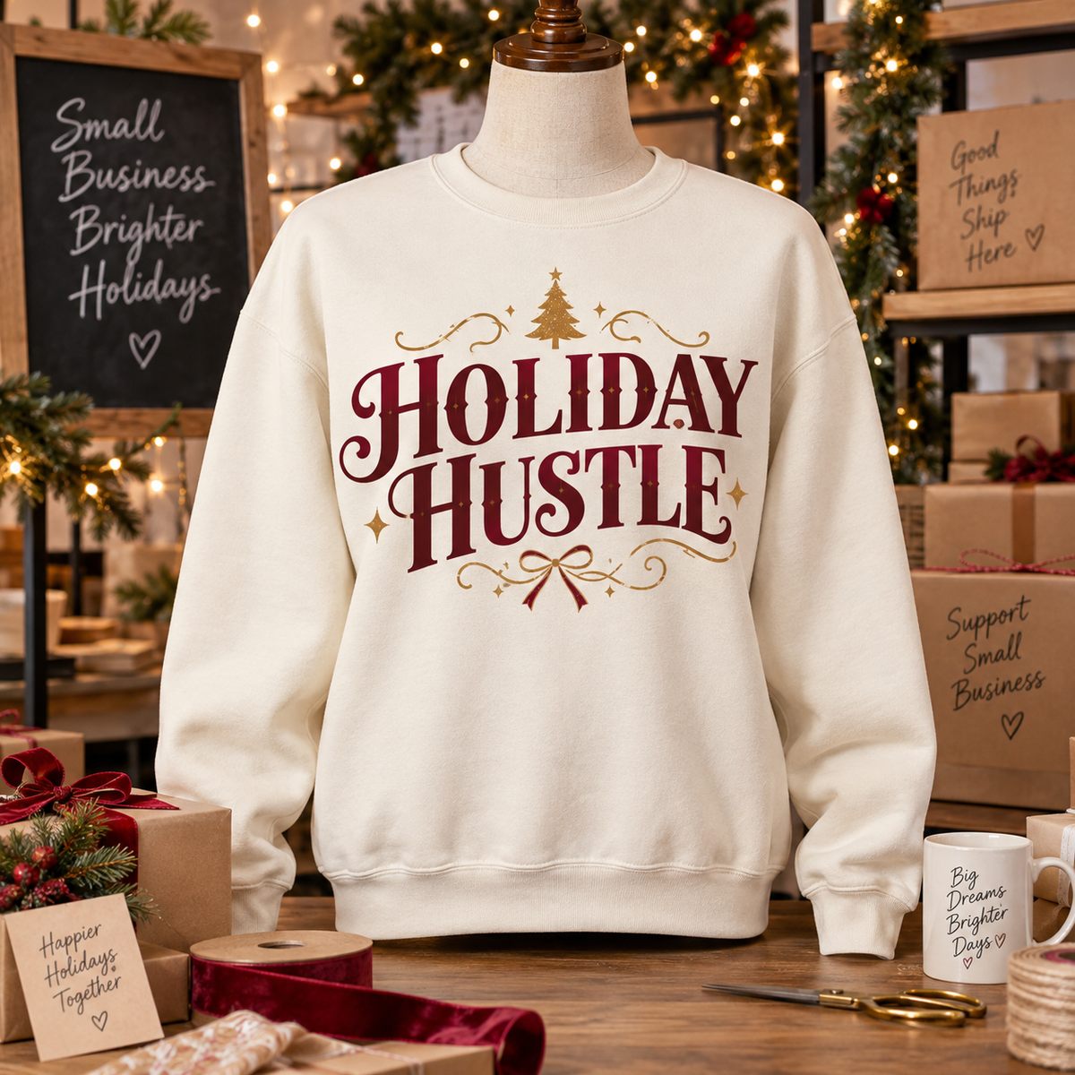 Holiday Hustle small business sweatshirt mockup