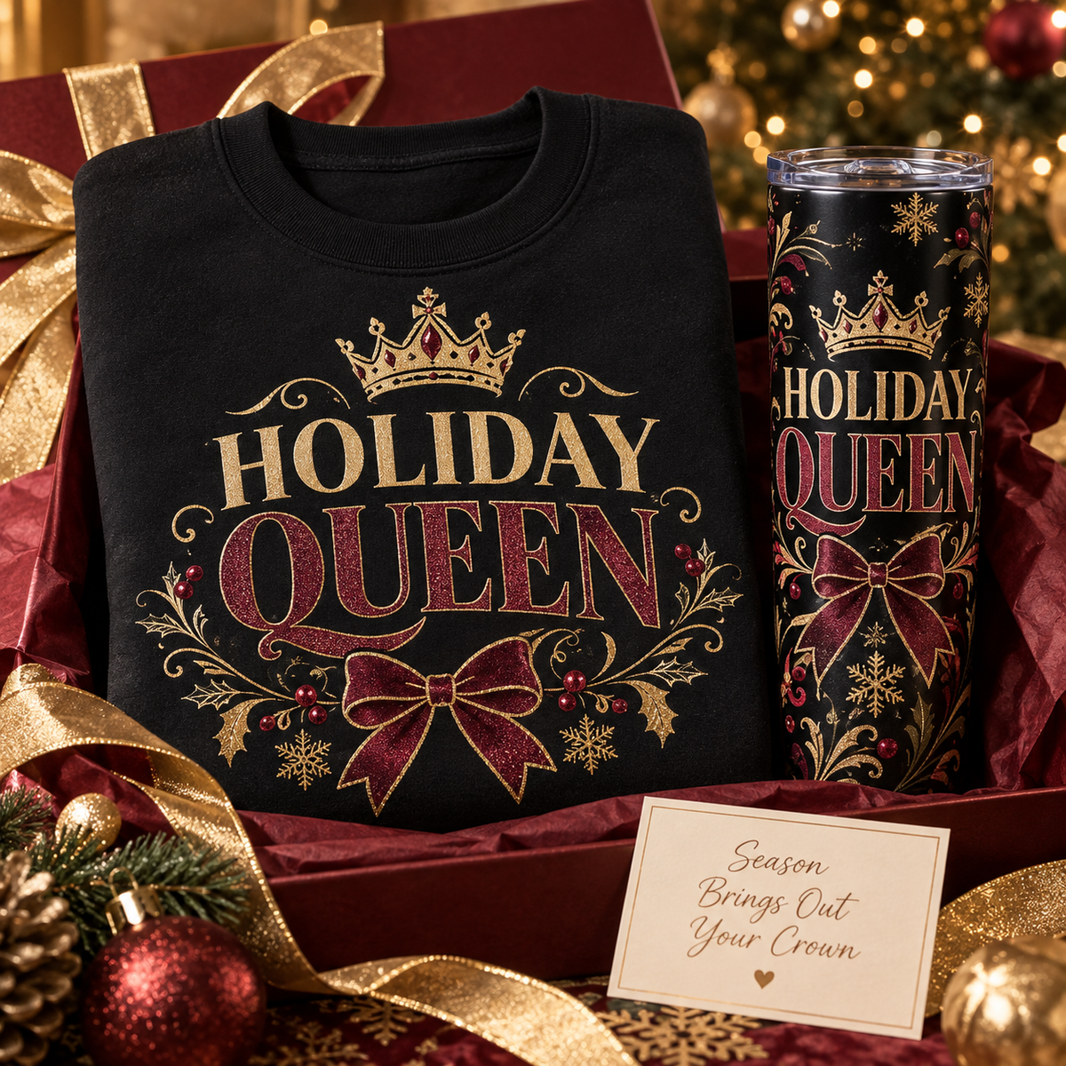Holiday Queen sweatshirt and tumbler gift set mockup