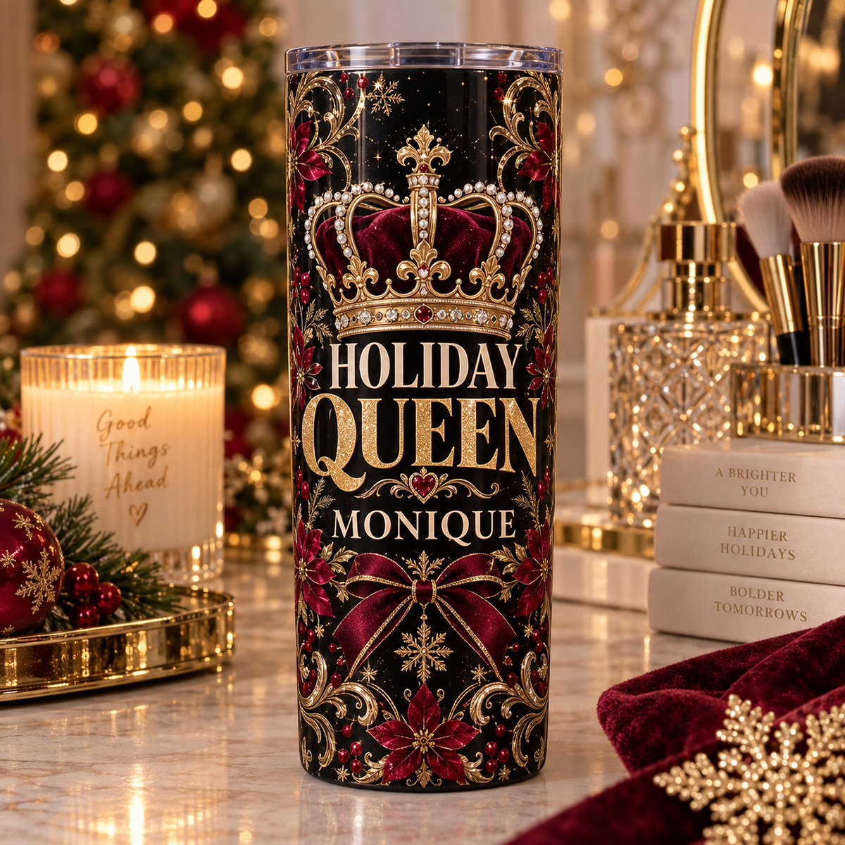 Holiday Queen personalized tumbler mockup